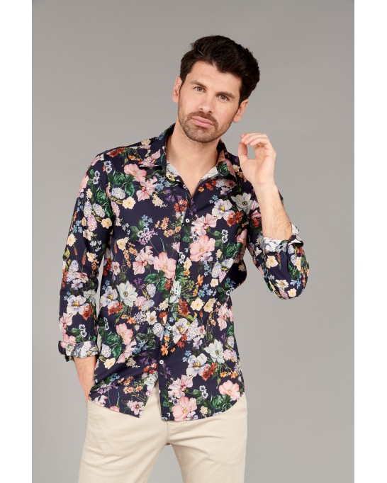 FLOWER - Chemise coton imprimé fleuri bleu marine